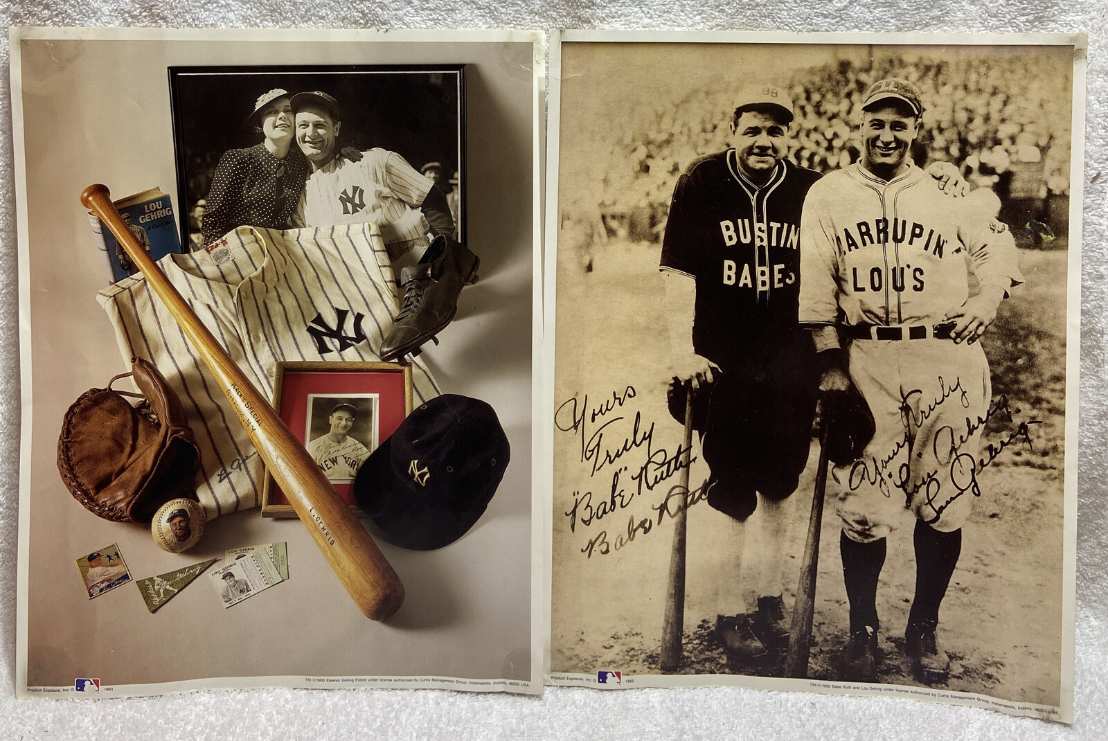 Two Famous Lou Gehrig And Babe Ruth 11x14 Reproduction Posters 1993 w/ Letters.
