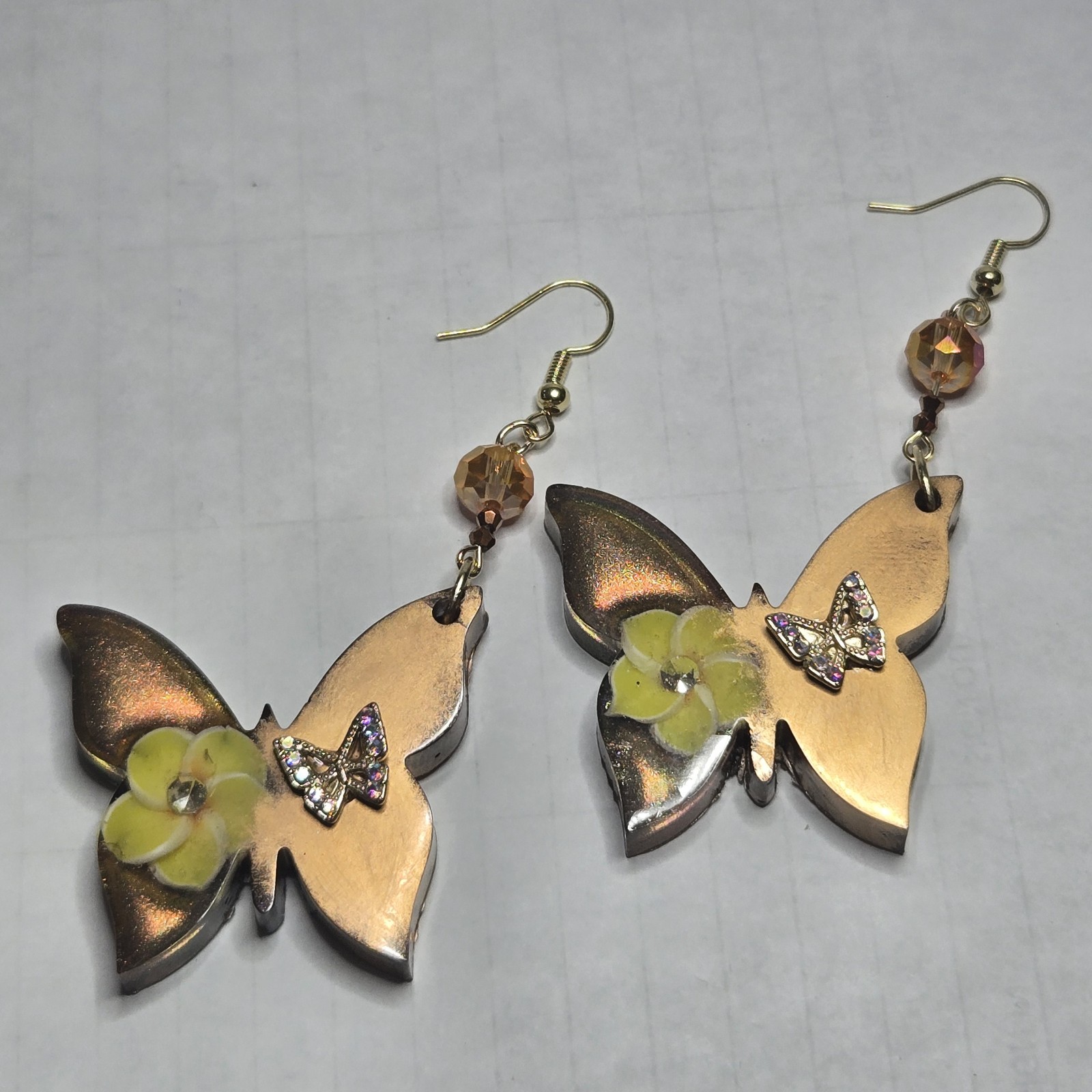 Handcrafted Butterfly Dangle Earrings Gold Yellow Flower Accent for Women