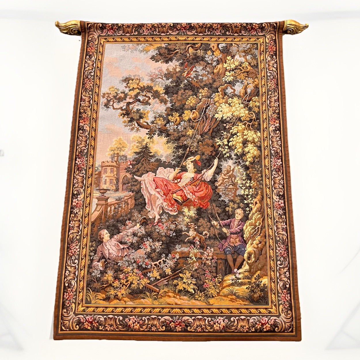 LES TAPISSERIES D' HALLUIN “the Swing” FRENCH AUBUSSON  STYLE TAPESTRY 54”x36.5”