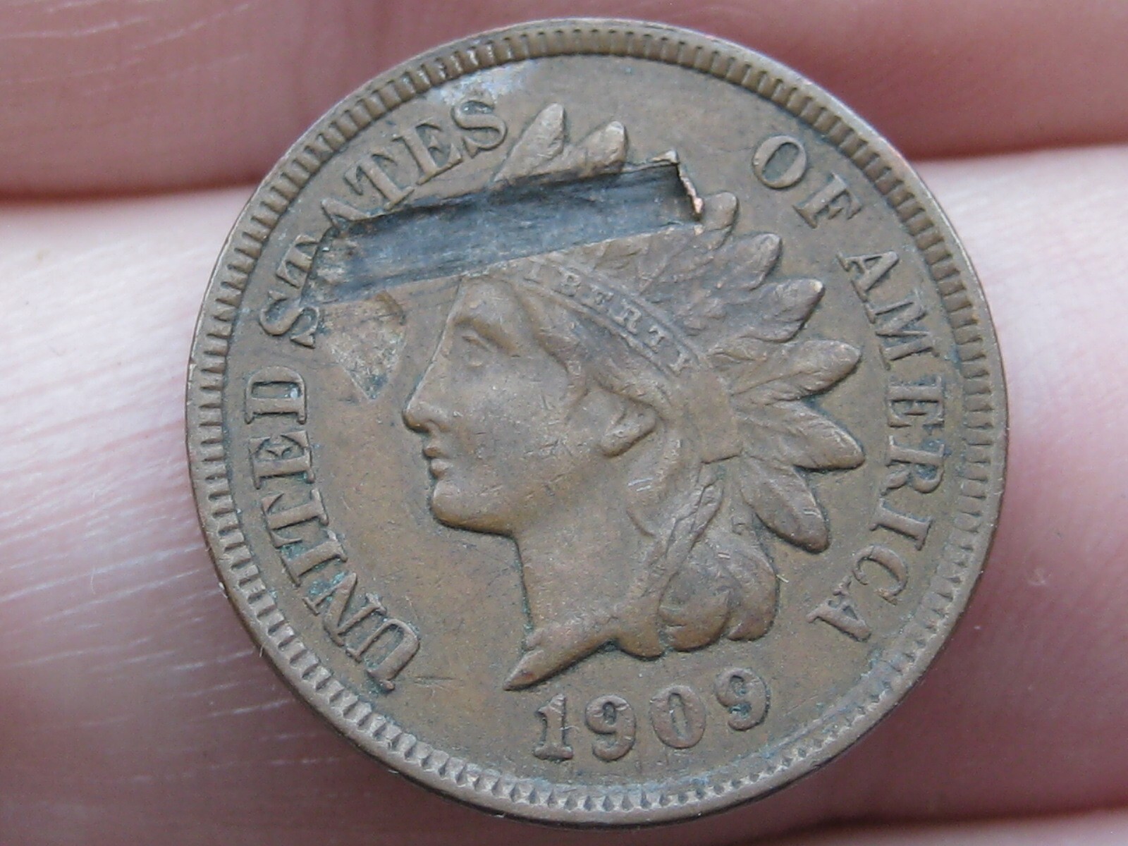 1909 Indian Head One Cent Penny-  XF Details, 3 Diamonds, Lamination Mint Error