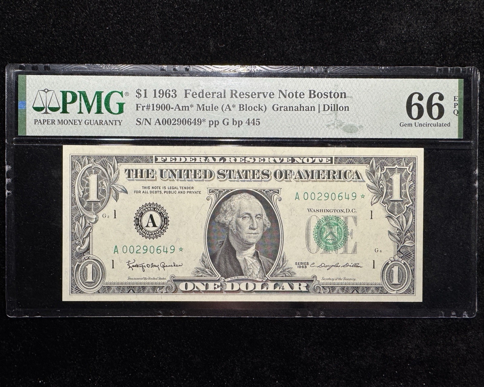 1963 $1 Federal Reserve Note (Boston) (Fr#-1900-Am* Mule) - $1 PMG 66 EPQ - Star