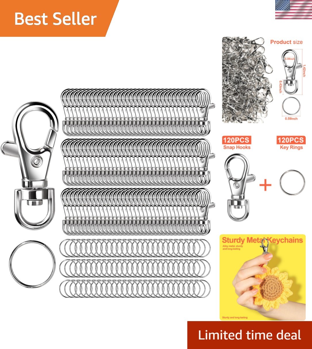 Complete 240PCS Keychain Kit: 120 Snap Hooks & 120 Key Rings for DIY Projects