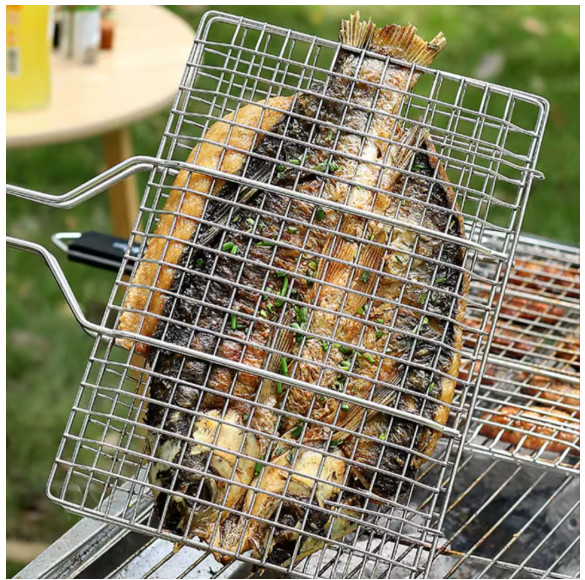 BBQ Grill Basket Folding Stainless Steel Grill Net with Removable Handle NEW