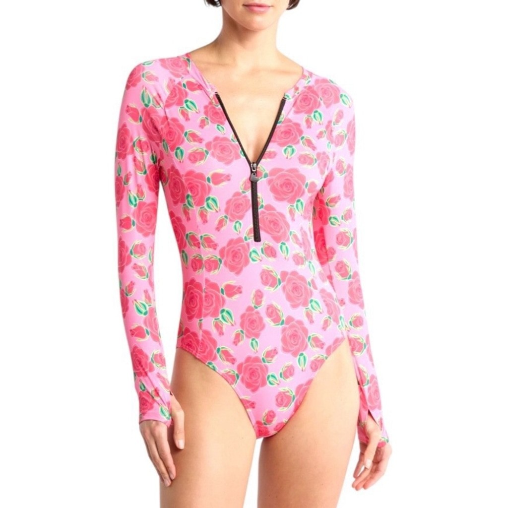 Betsey Johnson Scuba Knit Half Zip Long Sleeve One-Piece Swimsuit Size Large NWT