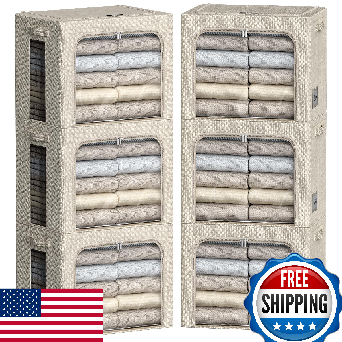 FHSQX 6 Pack Clothes Storage Bins Metal Frame Foldable Linen Fabric Box