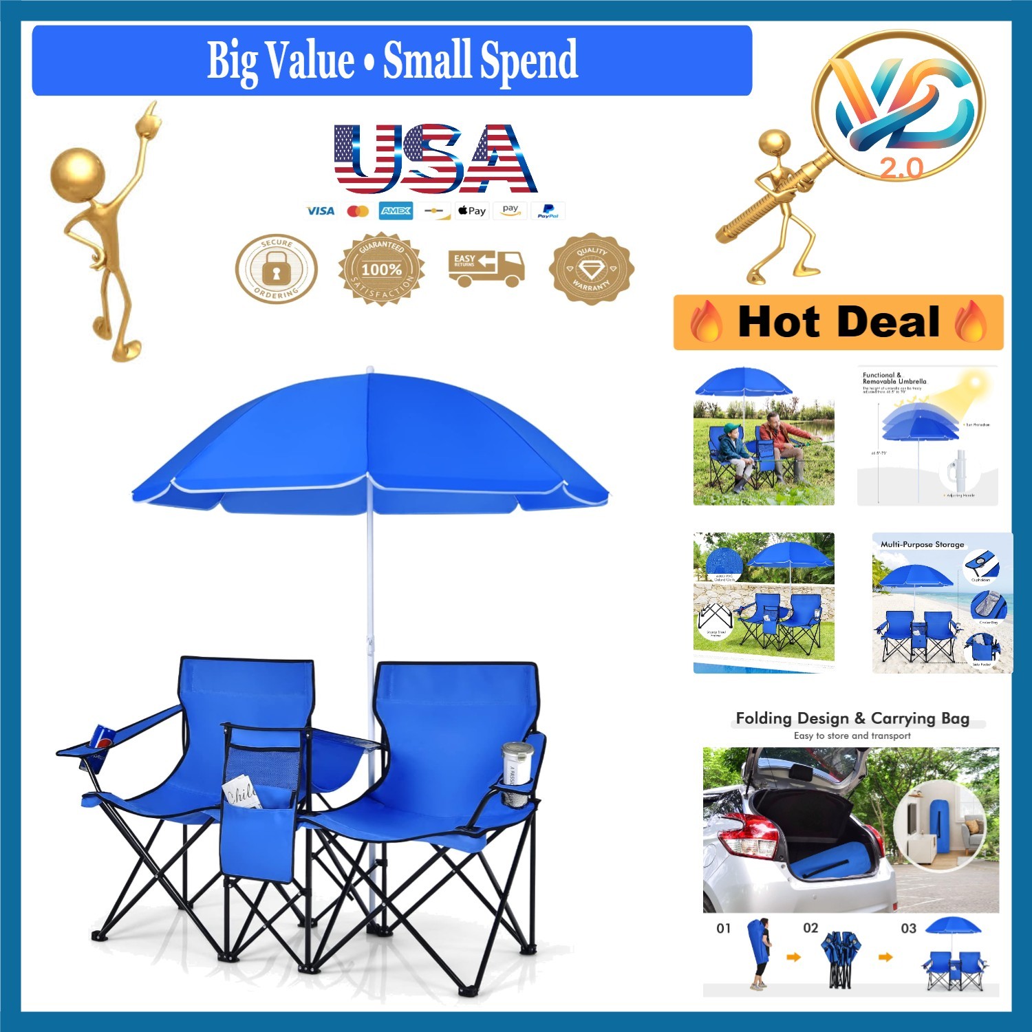 Blue Double Camping Chairs Folding Portable with Detachable Umbrella Cooler Bags