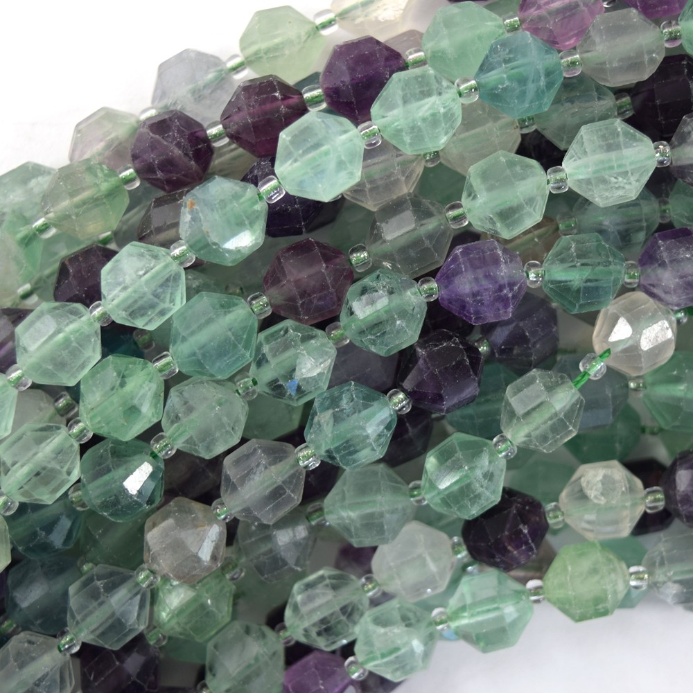 10mm natural rainbow fluorite prism double point cut faceted beads 15.5" strand