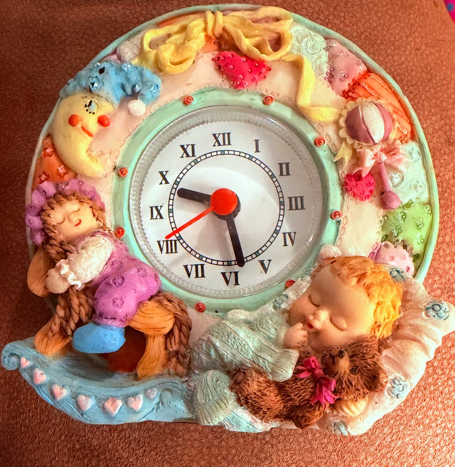 Vintage Hand Painted Clock Polyresin Sleeping Babies for Nursey Room