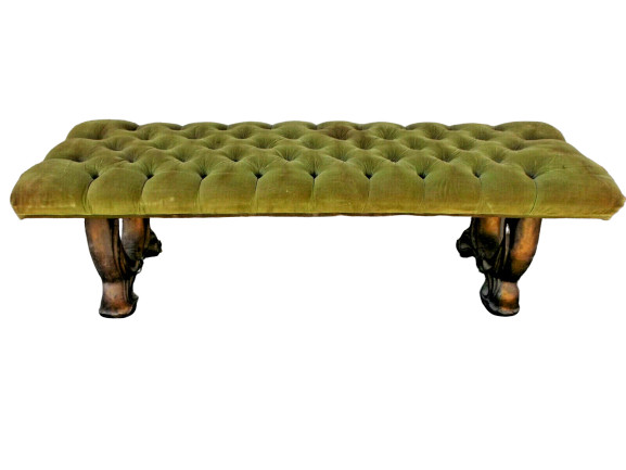 Antique vintage Green Art Nouveau Tufted Bench Damage Wear