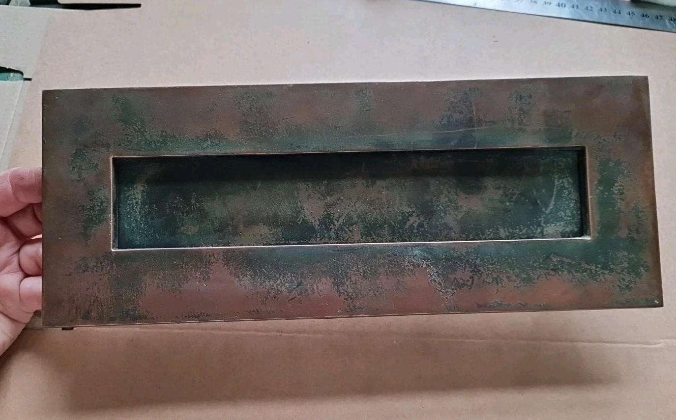Old vintage Brass/bronze?? Large Letterbox/plate 30cms X 11.5cms Plenty Age Mark