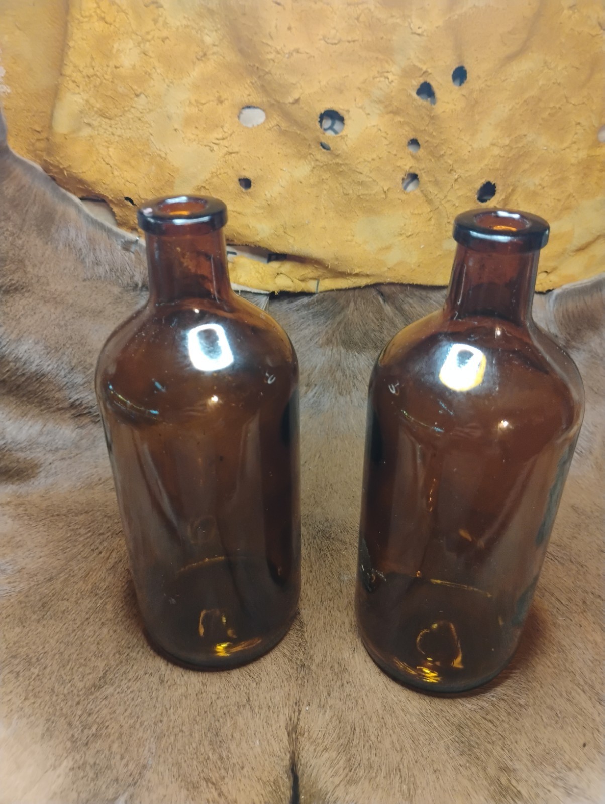 Pair Of Vintage Apothecary Amber Brown glass pharmacy Medicine bottle