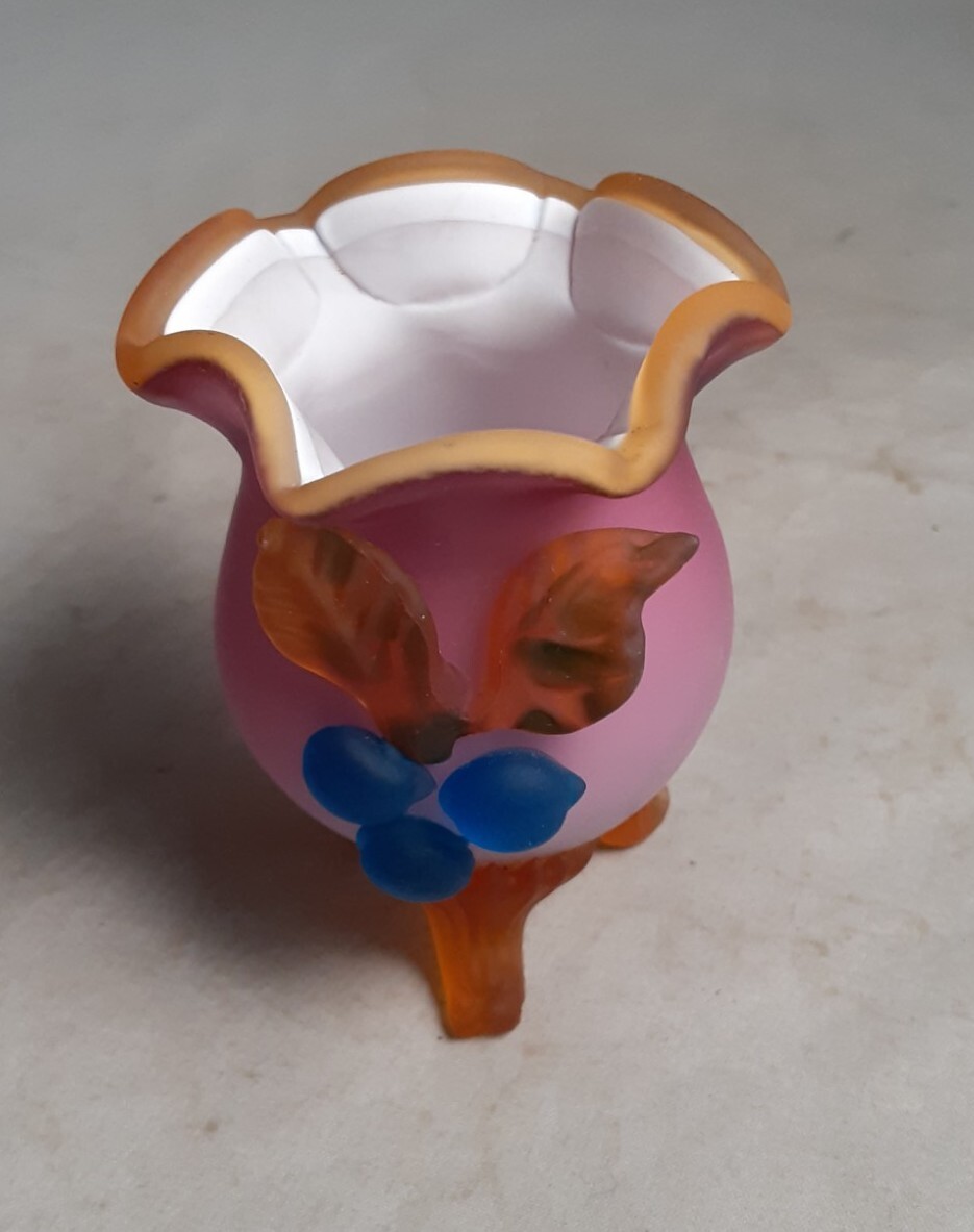 Victorian Style Satin Case Glass Toothpick Holder W/ Applied Blueberries & Feet