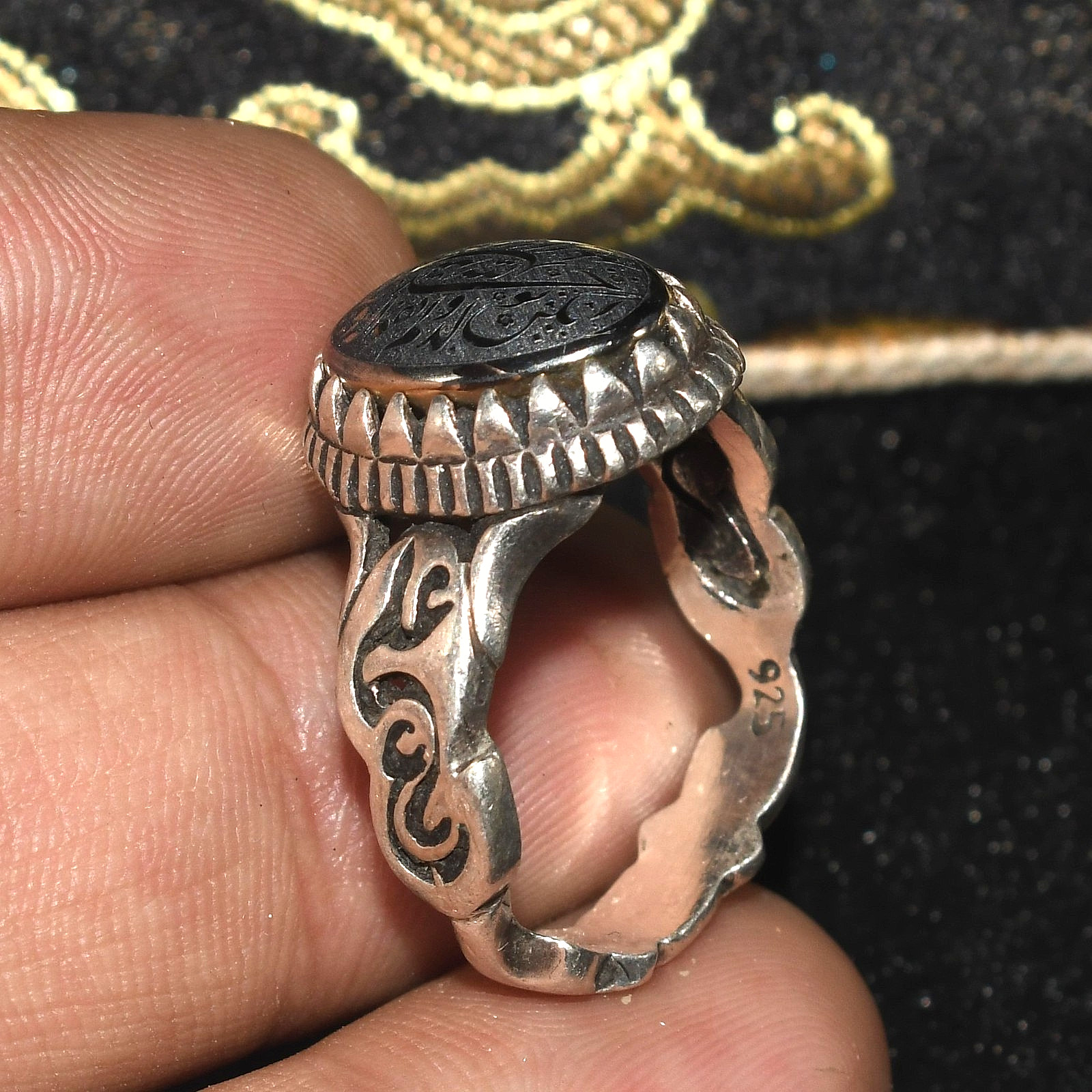Antique Near Eastern Solid Silver Ring with Stone Bezel Depicting Inscriptions
