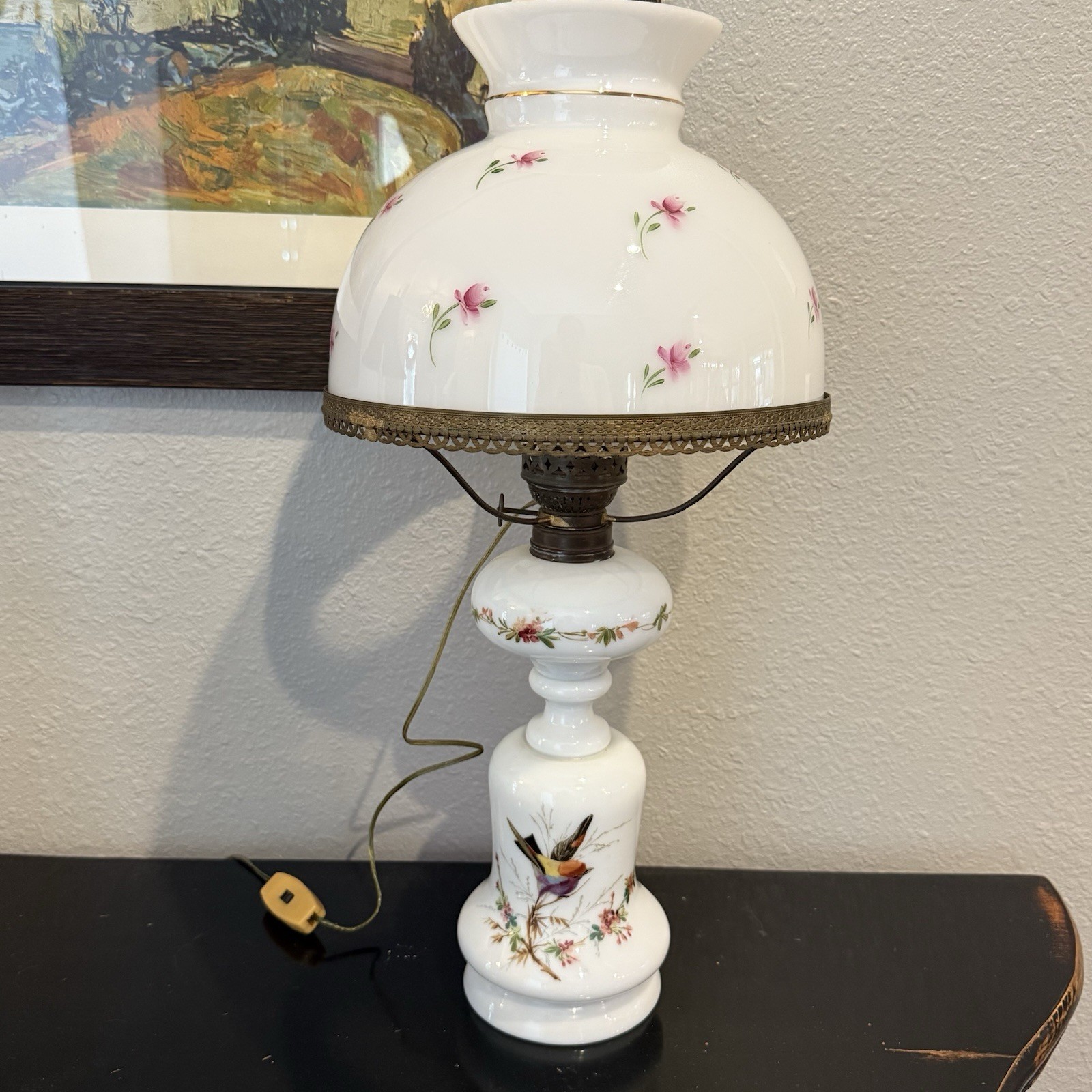 Vintage Gone With the Wind Style Hurricane Lamp Bird Floral White Victorian 21”