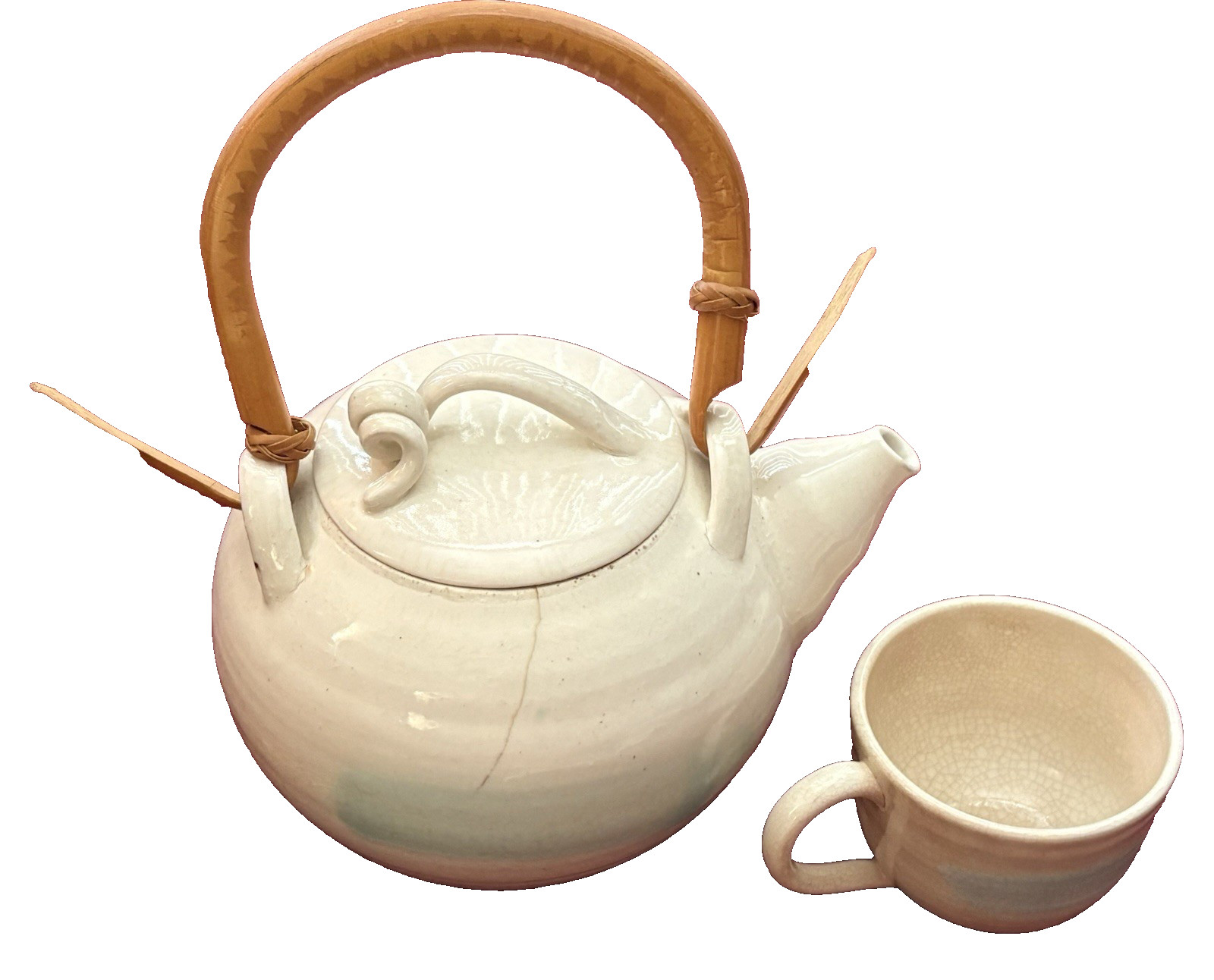 Handmade White Blue Ceramic Teapot & Cup Rattan Bamboo Handle Signed Has Cracks
