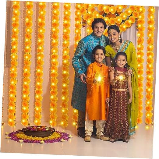  5 Pcs 24.6 Feet Marigold Garland with LED Light for Decoration Dark Yellow