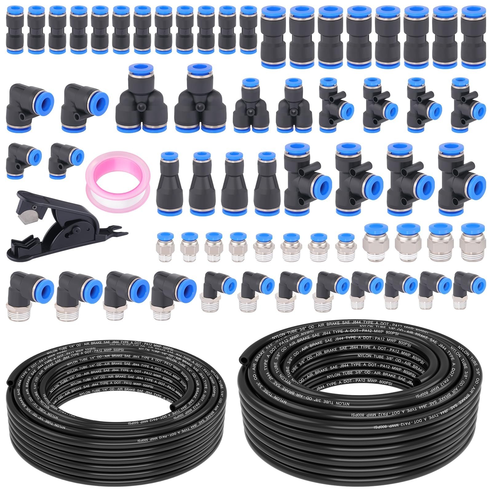 68 Pcs DOT Air Line with Quick Connect Air Fittings Kit 2 Roll 50FT 1/4" & 3/8"