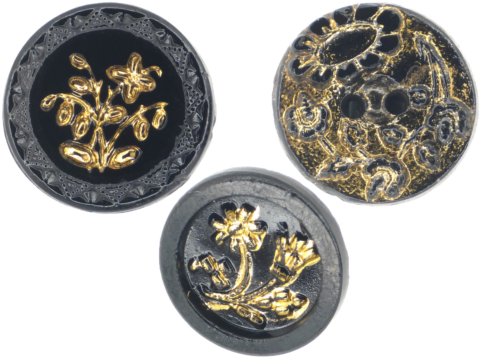 C1890s Victorian Glass Gold Luster Forget Me Not Flower Sunflower Button Lot 3