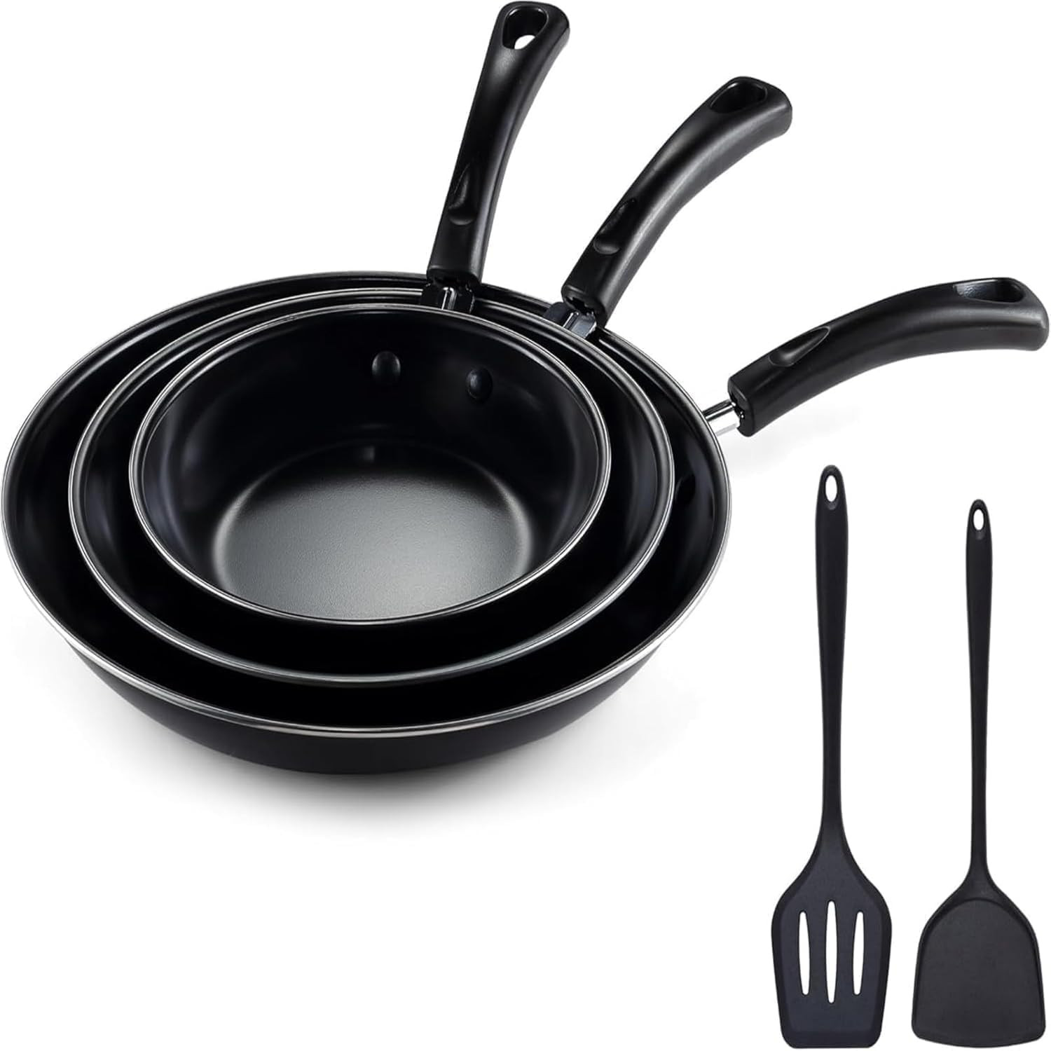 Nonstick Frying Pan Set - Iron Frying Pan 3-Piece Set (8", 10", 12") + 2 Silicon