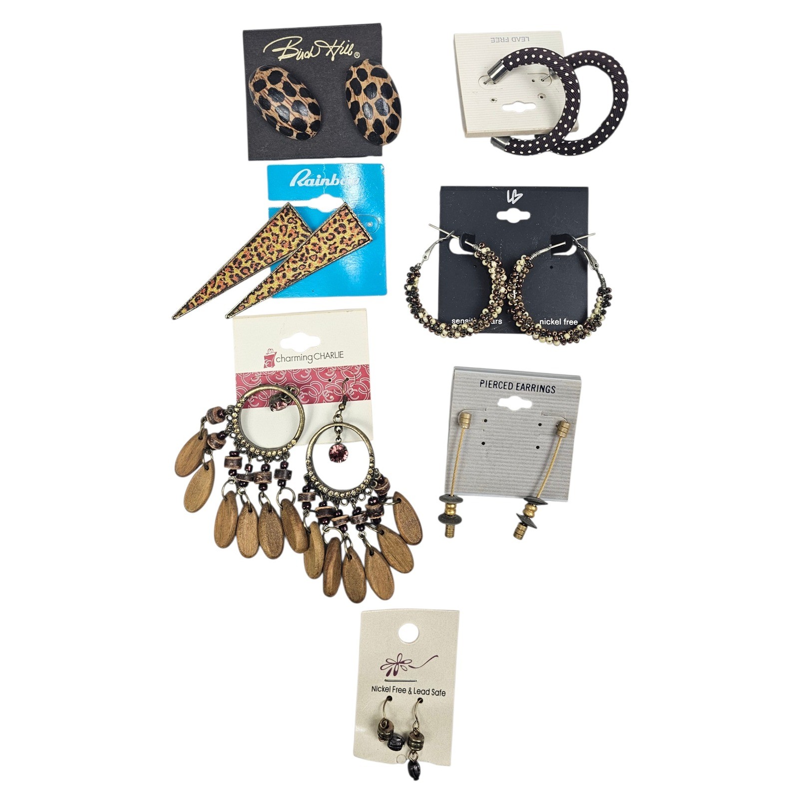 7 Pair Earring Lot Charming Charlie Bird Hill Leopard Print Boho Wood Hoop Studs