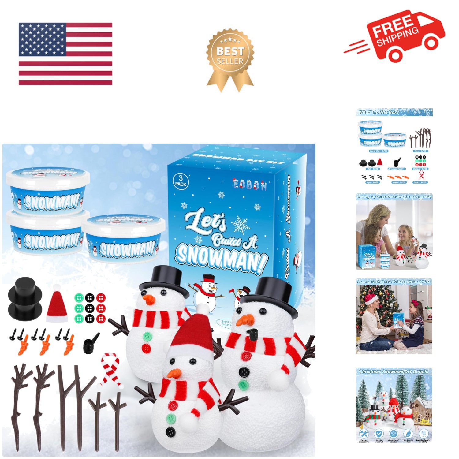 Christmas Craft Snowman Kit, 3 Pack DIY Snowman Craft Kit for Kids, Build a S...