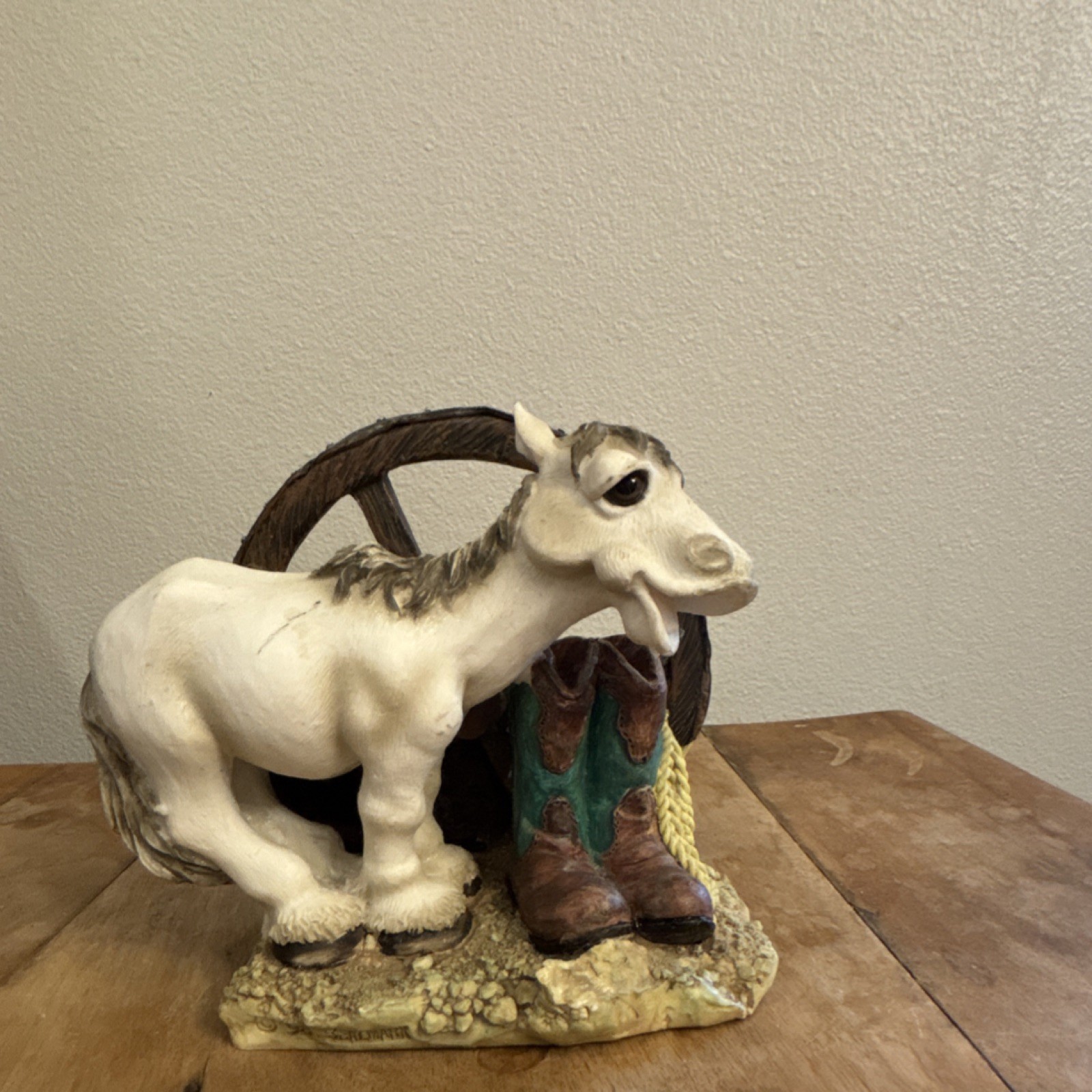 Resin Horse Figurine with Boots and Wagon Wheel Decorative Collectible