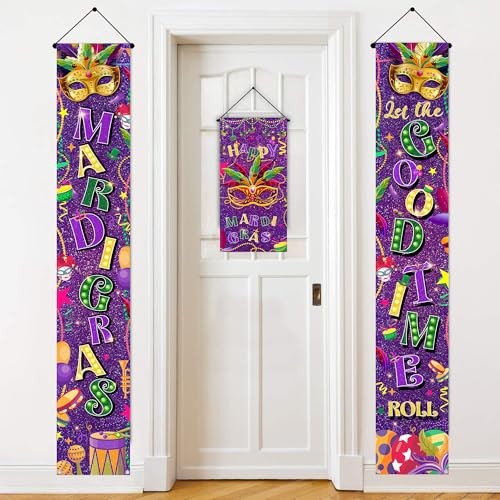 Mardi Gras Decorations Door Banner - 3 Pack Purple Front Door Decor Porch 