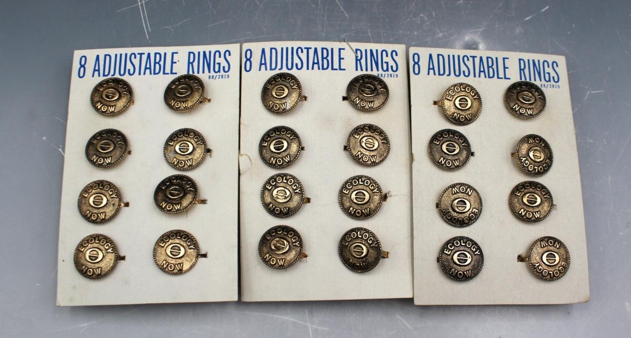 3 Sets of Vintage Metal Ecology Now Adjustable Rings on Cards Novelty Party 24pc