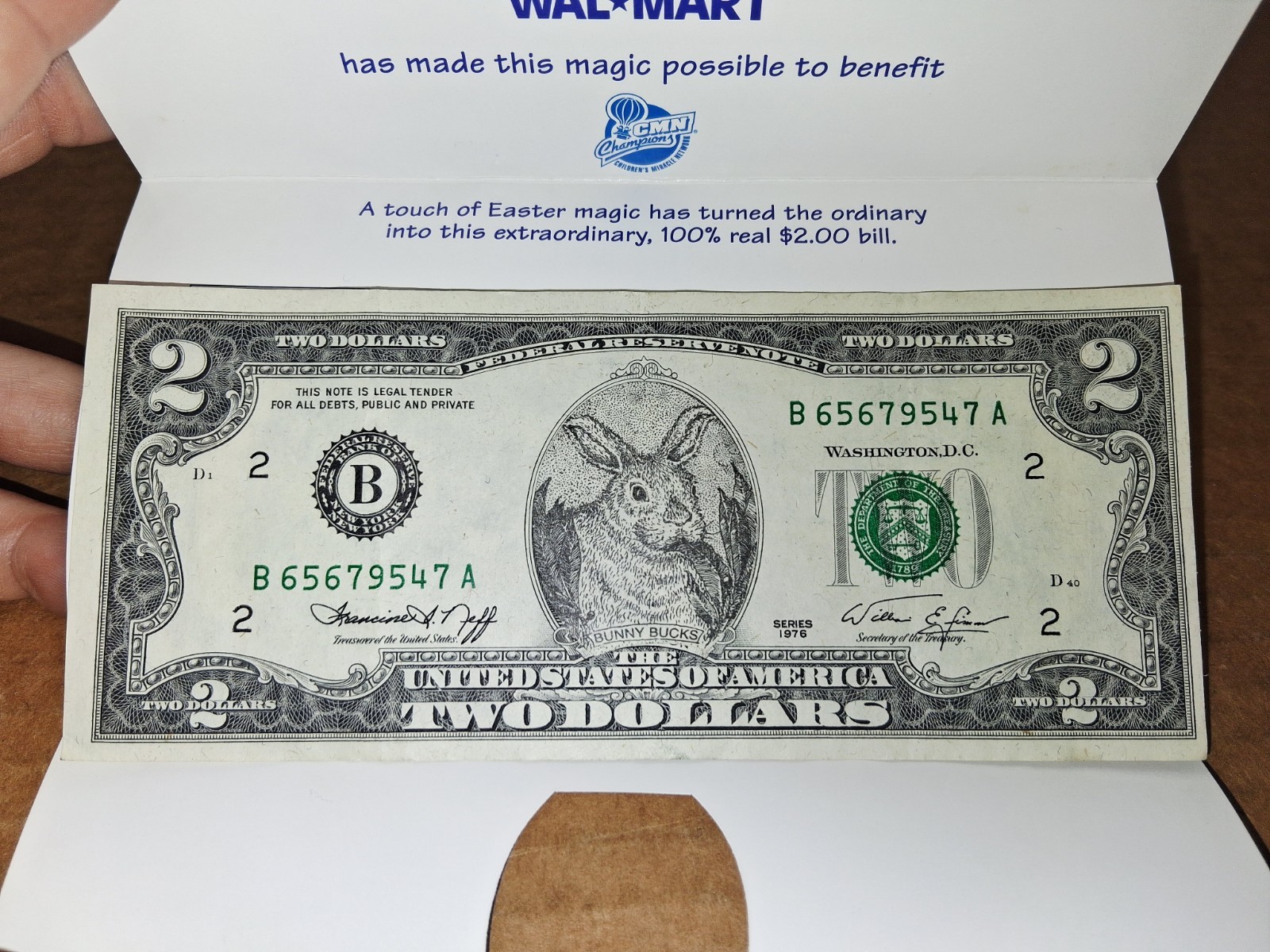Uncirculated 1998 Walmart Cottontail Currency $2 Bill 1976 Series W/Authenticity