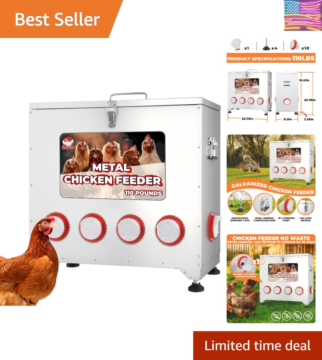 Heavy-Duty Galvanized 10-Port Chicken Feeder with Locking Lid - Rainproof Design