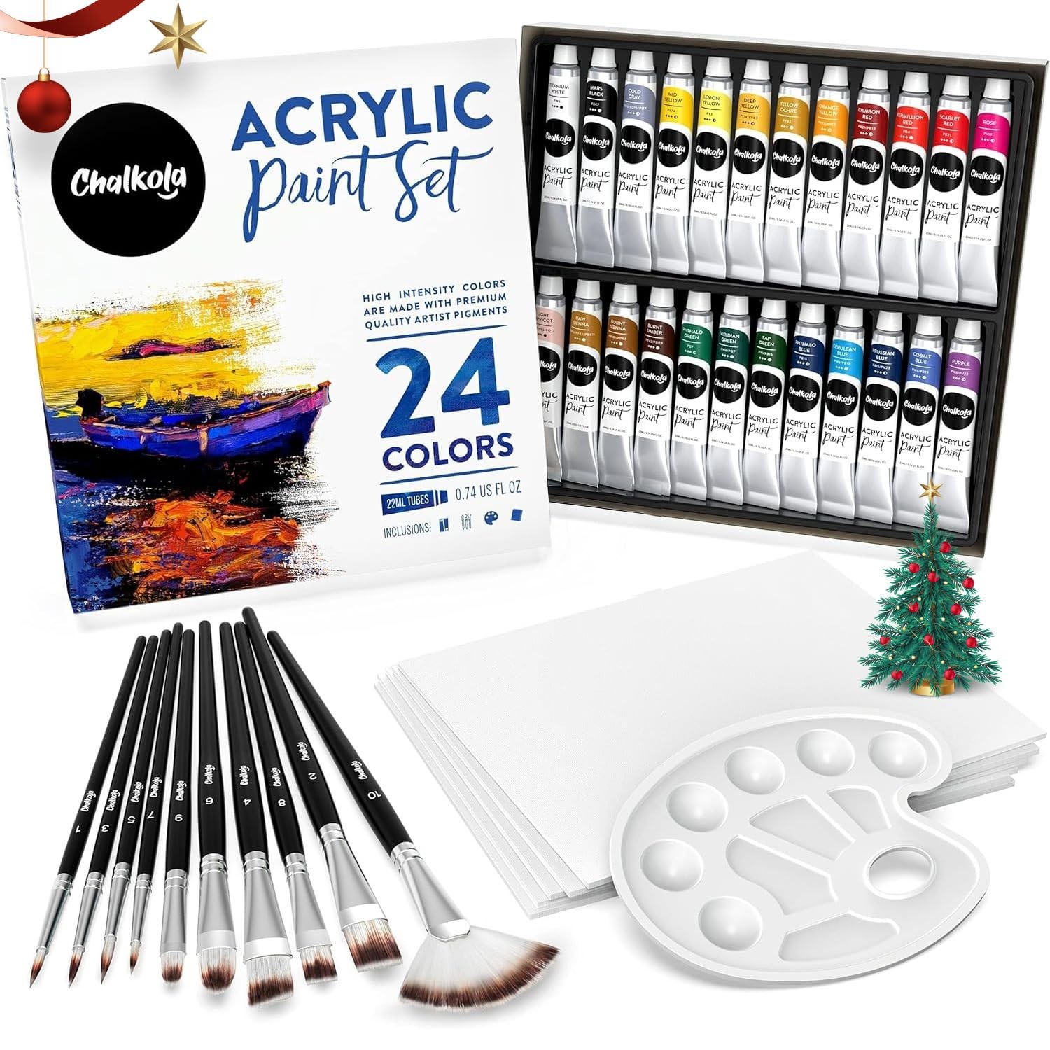 Chalkola 40 Acrylic Paint Set: 24x22ml Paints, 10 Brushes, 5 Canvases, Palette