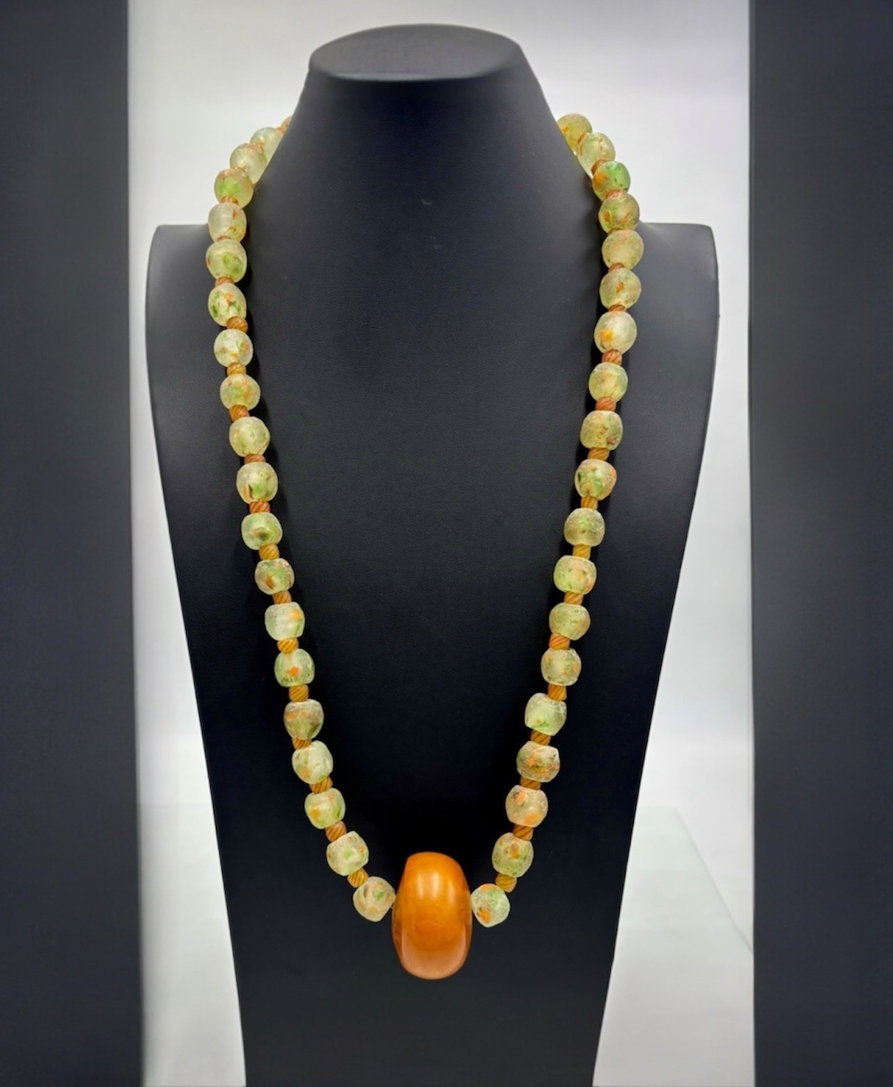 Antique Glass Trade Beads? Green Red Stripe Huge Bakelite Pendant Necklace 26"