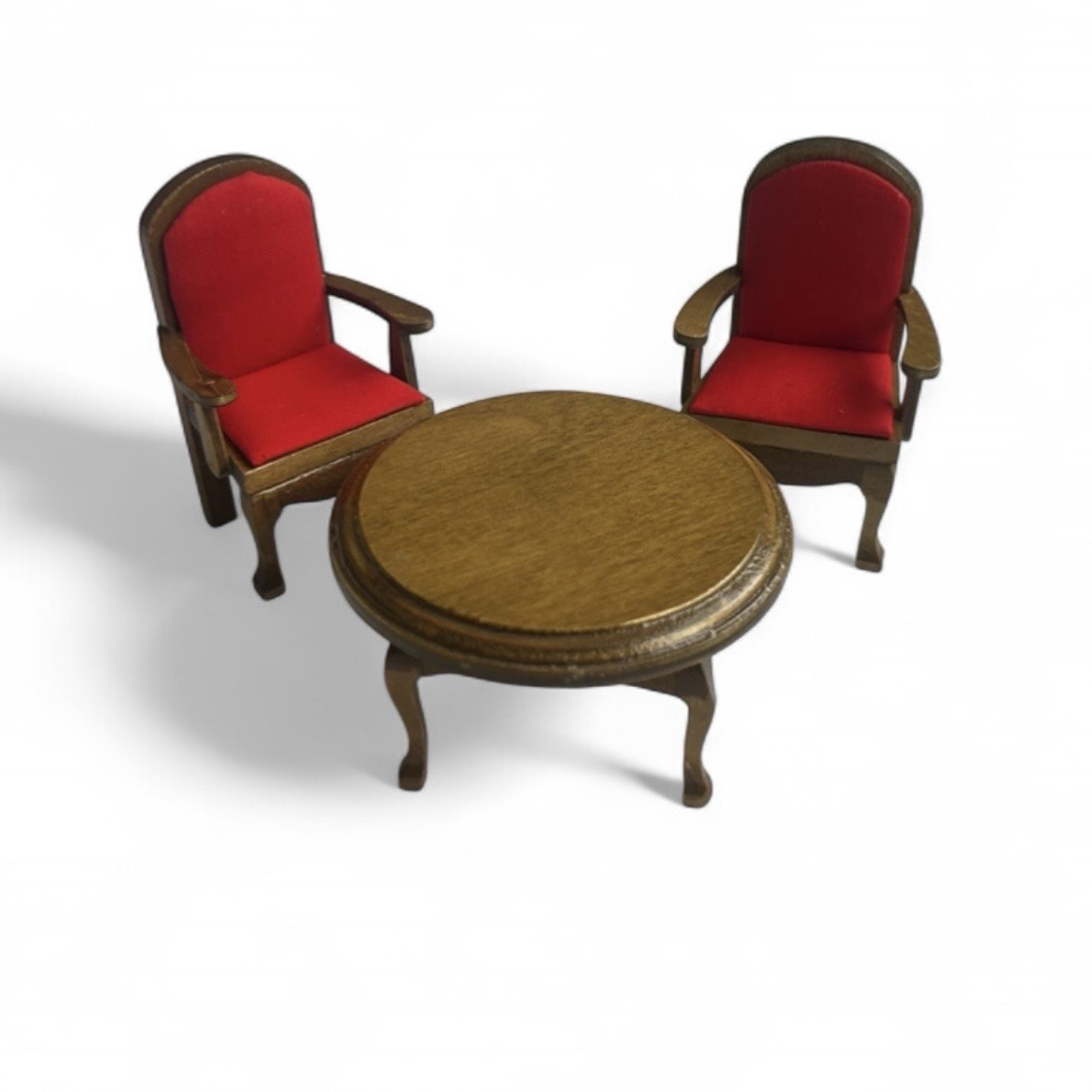 Vintage Dollhouse Miniature 1:12 Wood Round Table & 2 Red Upholstered Chairs