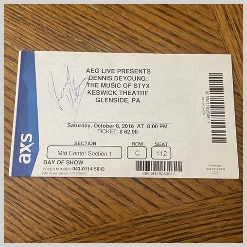 Dennis DeYoung Styx Keswick Theatre PA Ticket Stub Glenside? Signed? 1970s