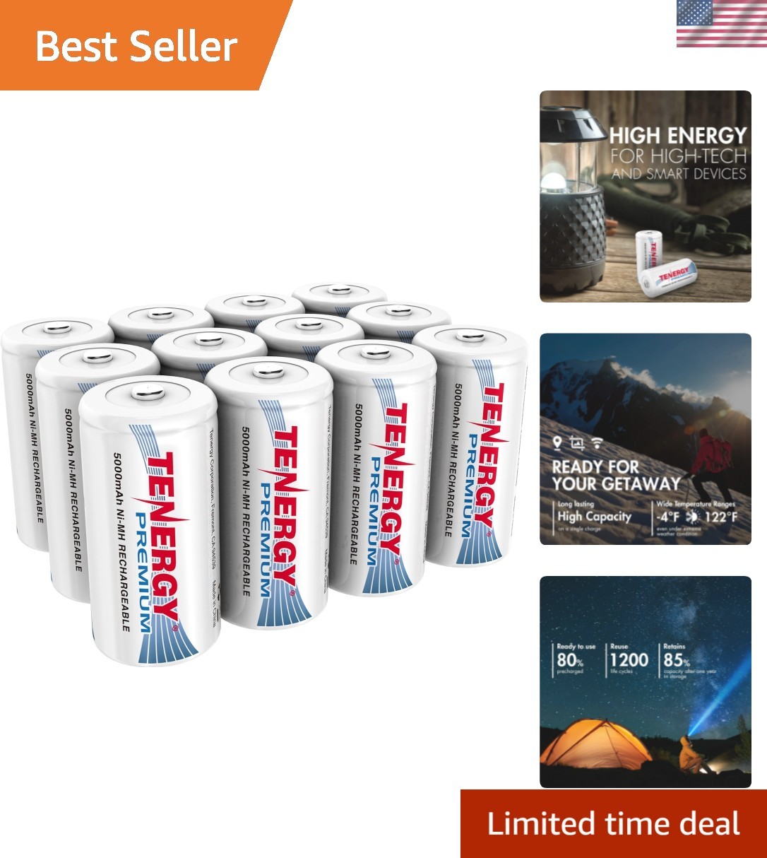 C Size 5000mAh High Capacity High Rate NiMH Rechargeable Batteries, 12 Pack