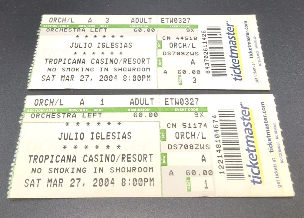 Julio Iglesias Tropicana Casino/Resort March 27th 2004 Ticket Stub Lot Of 2 B407