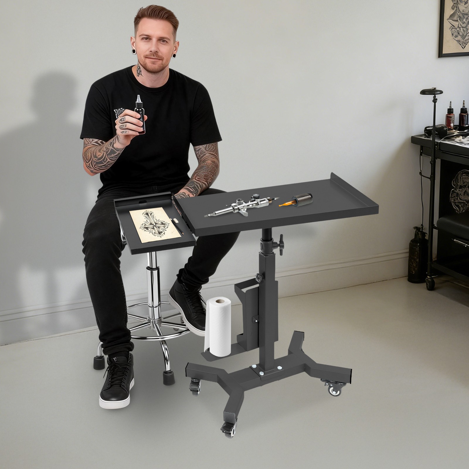 Tattoo Tray Cart on Wheels Folding Hand Truck Black Mobile Workstation