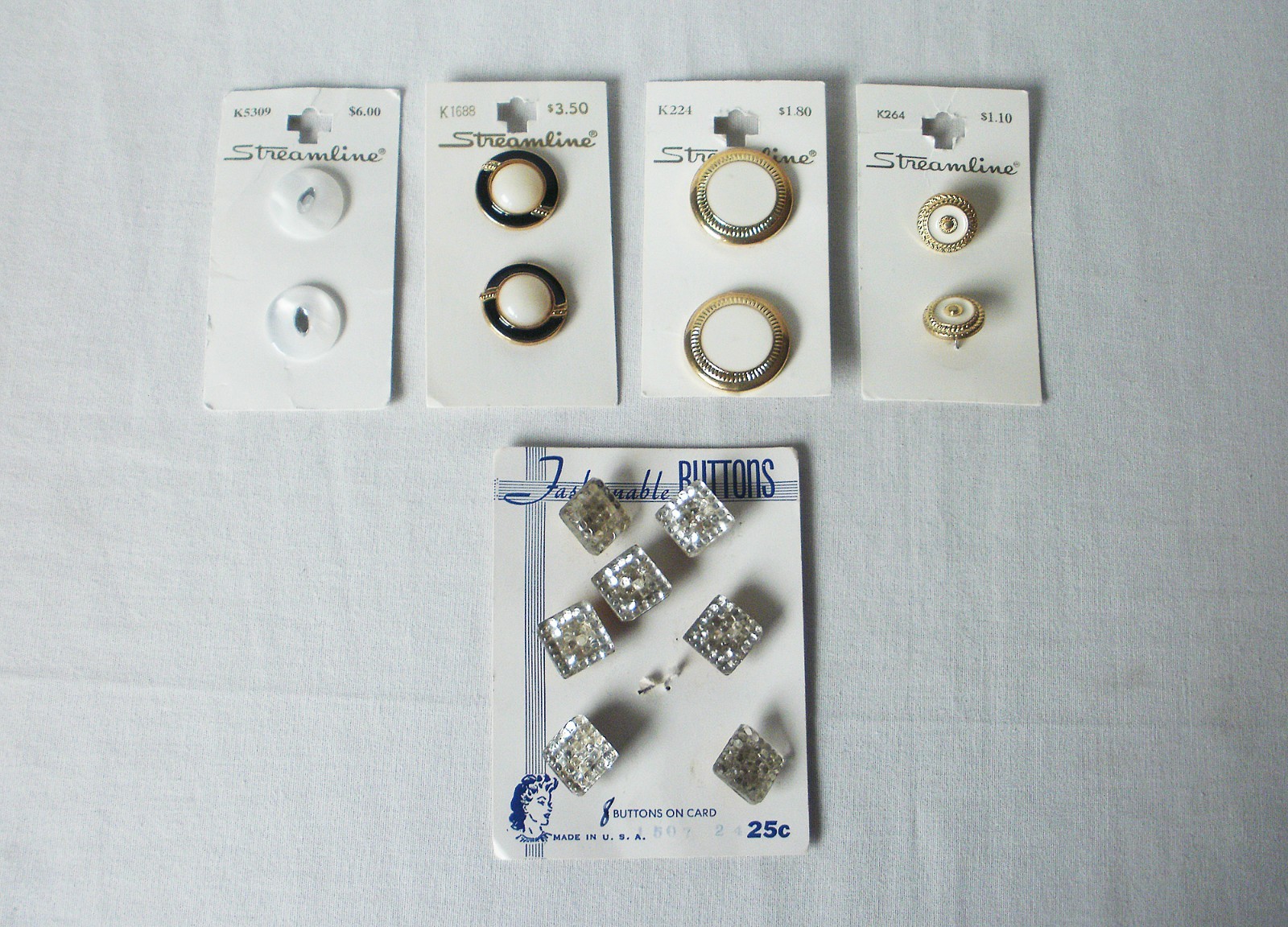 Lot of Quality New Sewing Buttons on 5 Original Cards, Streamline & Rhinestone