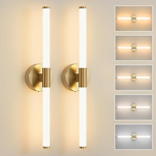 Wall Sconces Set of Two Hardwired, Dimmable 5CCT LED Bathroom 23 inch Gold