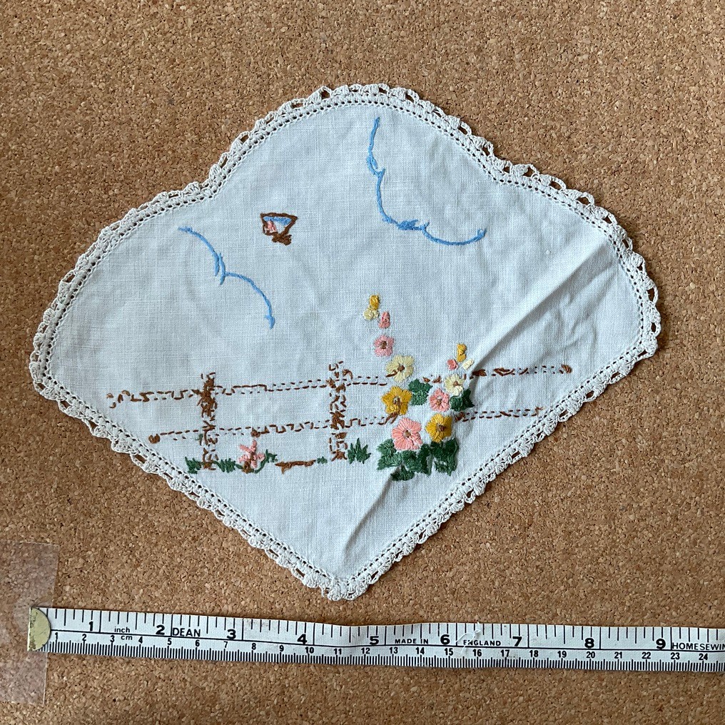 Vintage Handmade  Embroidered Doily cottage core - Fan shaped 22 x 17 cm