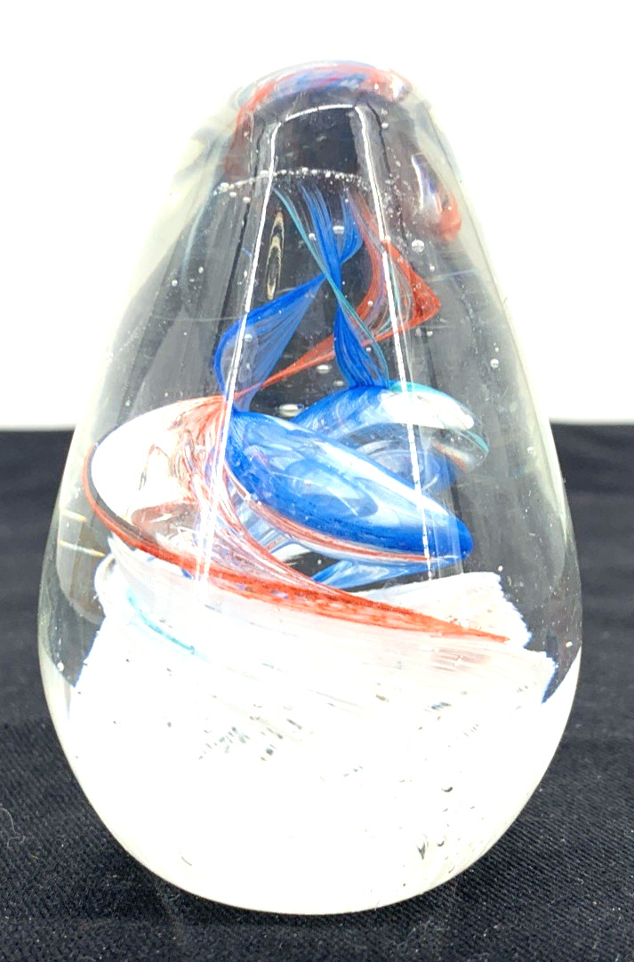 Pear Shaped Glass Paperweight Blue Red White Clear 3.25" Tall  Vintage