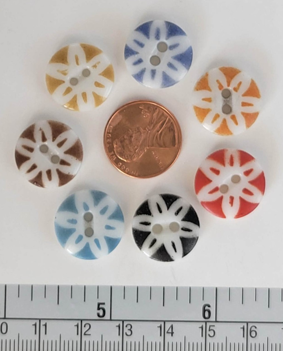 7 ANTIQUE #17 CHINA STENCIL buttons--RAINBOW-- LARGE