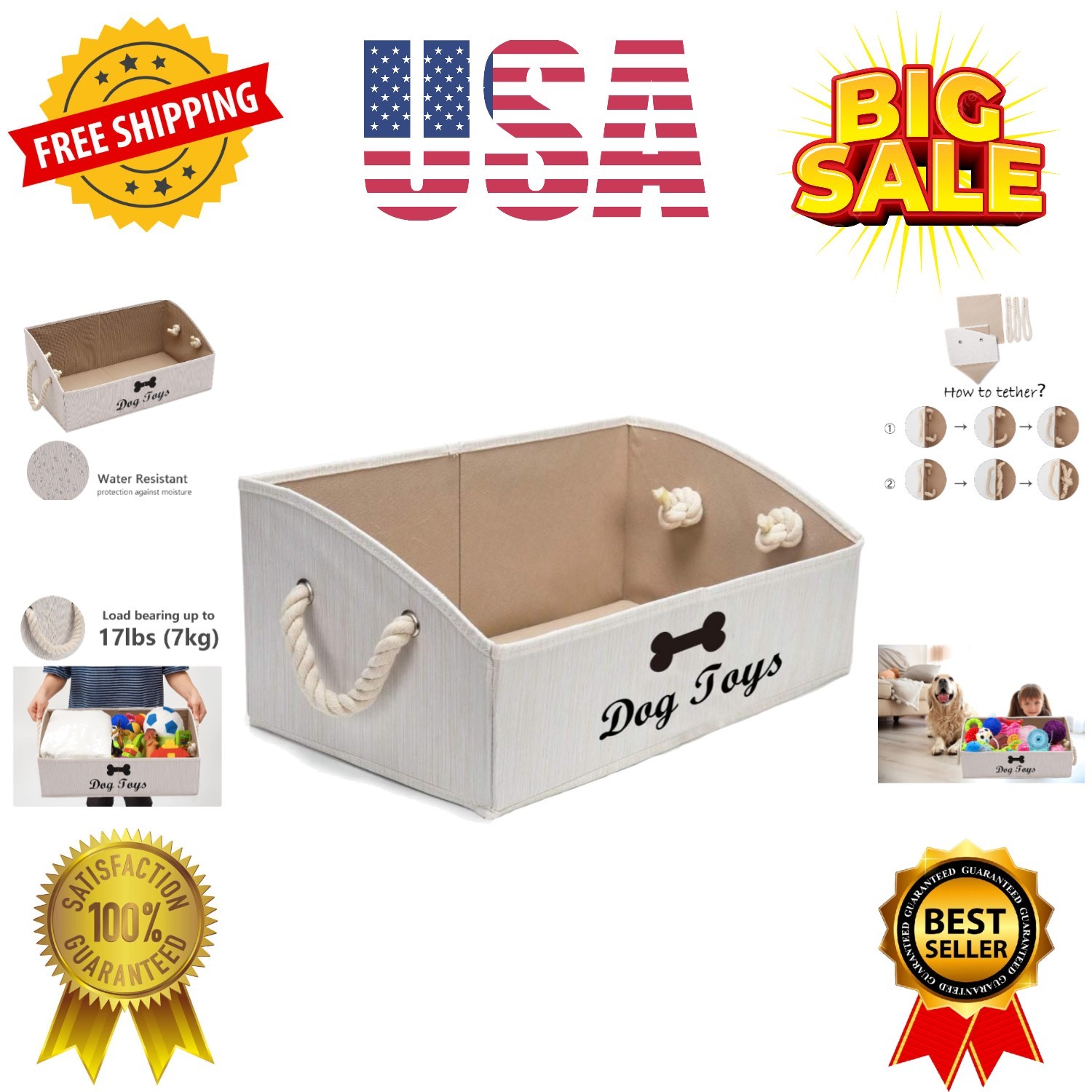 Large Dog Toys Storage Bins-Foldable Fabric Trapezoid Organizer Boxes with We...