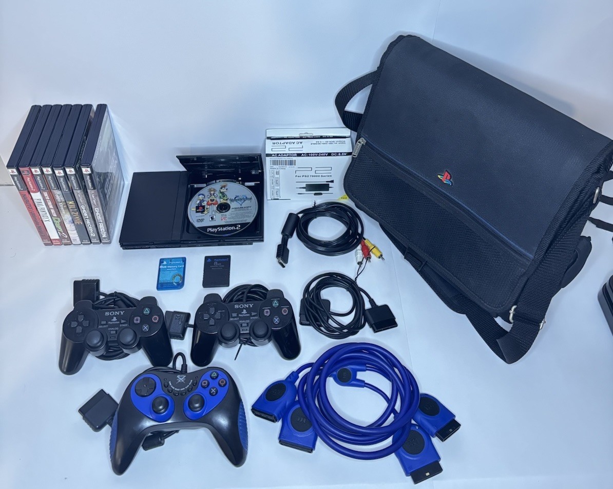 Sony PS2 Slim Bundle! PS2 Travel Bag, 8 Games, 3 Controllers & More - ALL TESTED