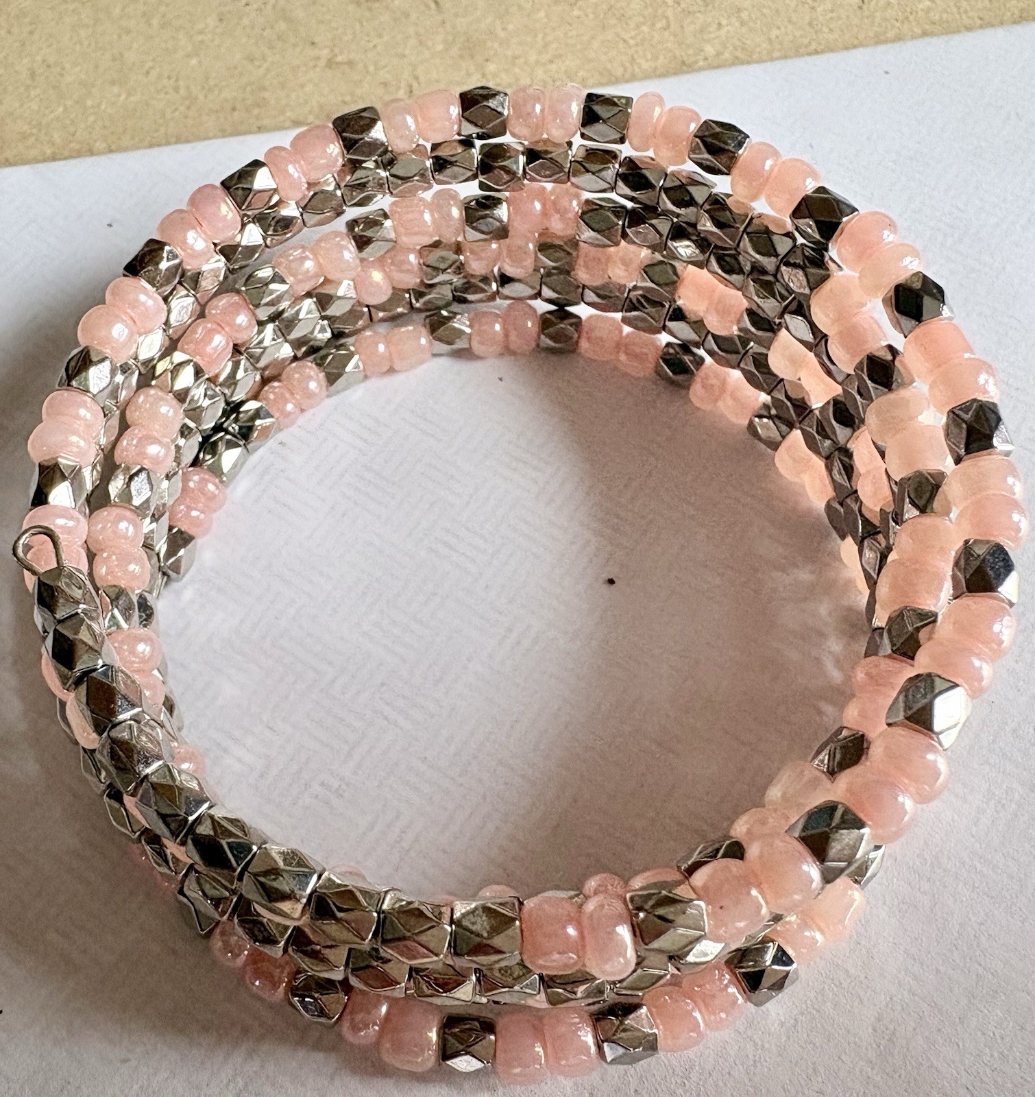 Adjustable Pink Silver Beaded Bangle Bracelet Glass Metal Round Women