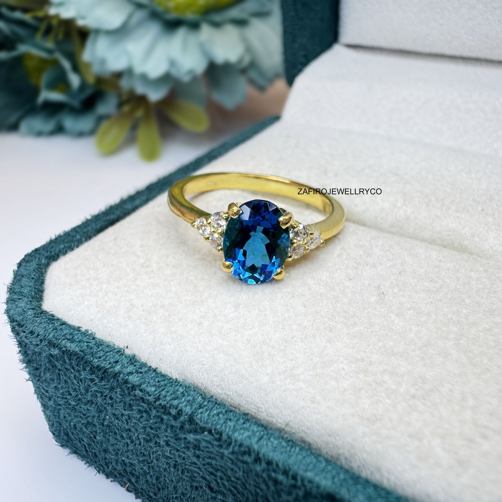 London Blue Topaz Ring, Statement Ring, 925 Sterling Silver, Lab Created