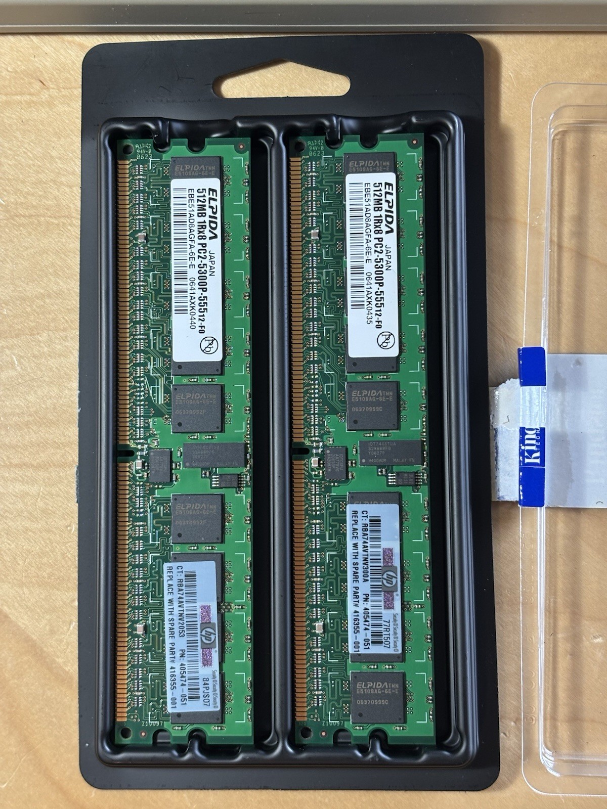 Elpida 512MB 1Rx8 PC2-5300E-555 12-F0, EBE51AD8AGFA-6E-E  (X2 EACH 1GB TOTAL)
