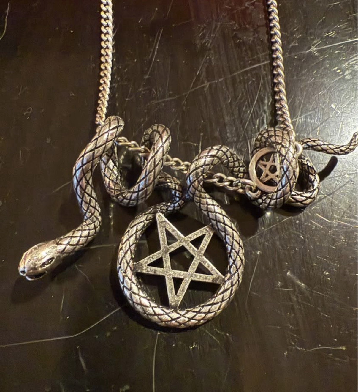 Killstar Silver Tone Snake Pentagram Amulet Pendant Necklace Curb Link Chain