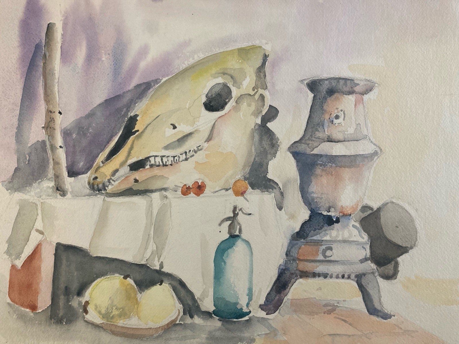 Belle Peinture nature morte au Crane de Cheval, Aquarelle Gouache Papier 1980