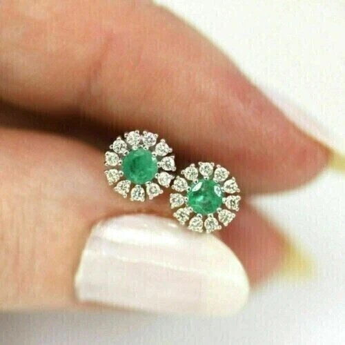 2.30 Ct Round Cut Lab Created Green Emerald Stud Earrings 14k White Gold Plated